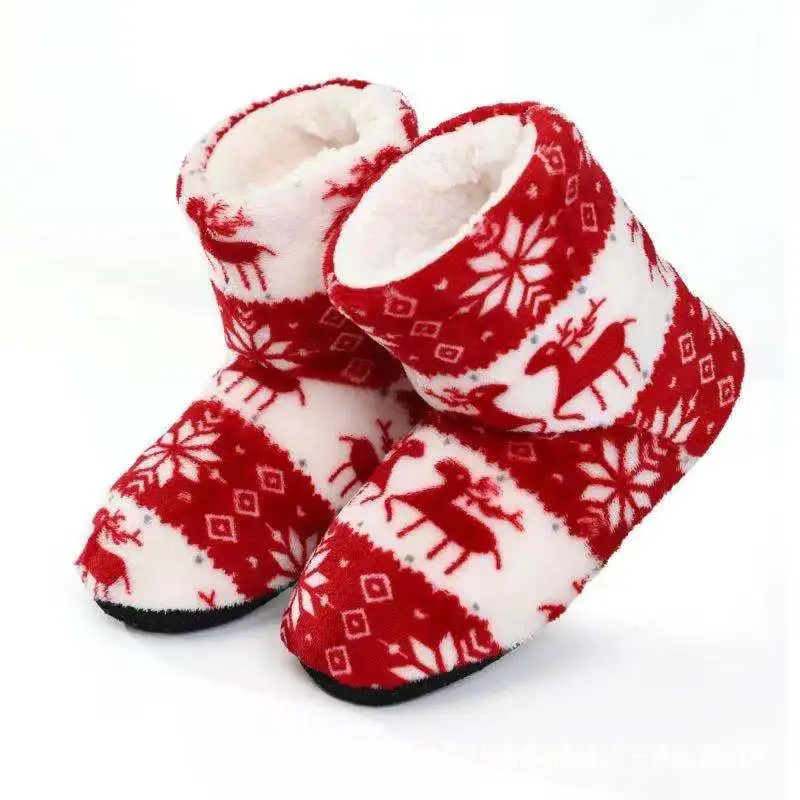 

Women Winter Red Plush Floor Slippers Girls Thicken Warm Home Shoes Christmas Elk Indoor Socks Shoes Warm Fur Slides Xmas Gift