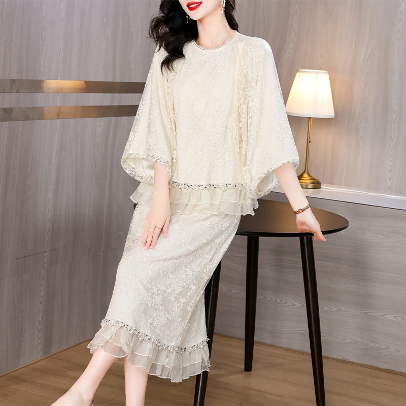 

2024 New Spring Women's Mulberry Silk Beaded Sequins Two Piece Set Skirt Large Loose Tight Casual Party Dress Vestidos