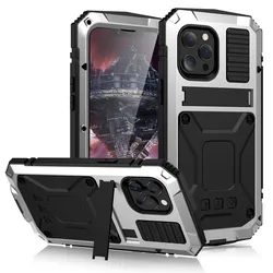 Full - Body Rugged Armor Shockproof Protective Case with Kickstand and Aluminum Metal Cover - iPhone 12 Mini (Silver)