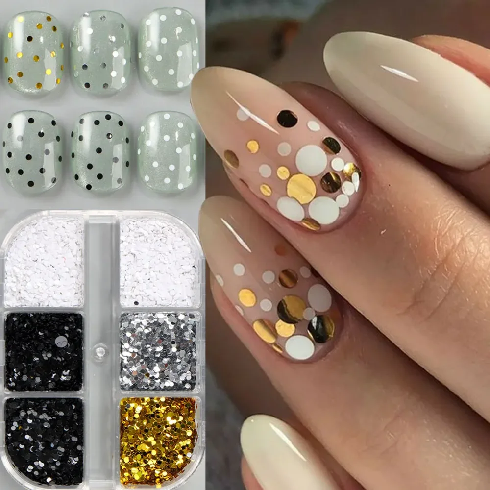 1 Box of 6 Grids 3D Mini Round Nail Sequin Kawaii Korean Black Dot Nail Art Flake Y2K Golden Silvery Shinny Charms Accessories
