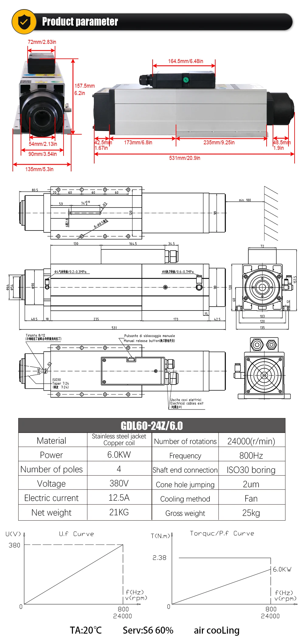 HQD ATC Spindle Motor 6000w For wood Aluminium soft metal ISO30 800hz 24000rpm 6