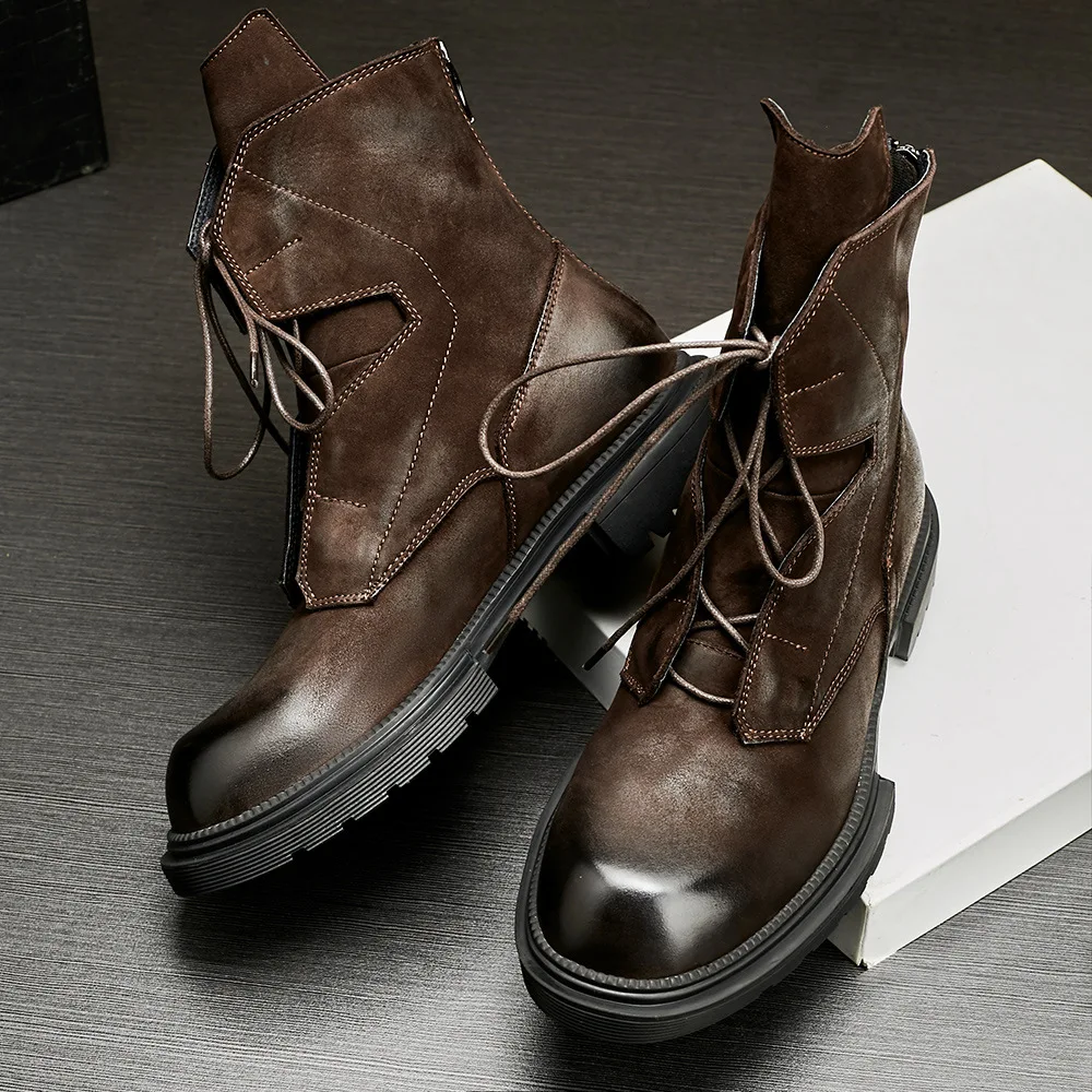 Motorcycle Boots Men High-top Platform Leather Boots Winter Fleece