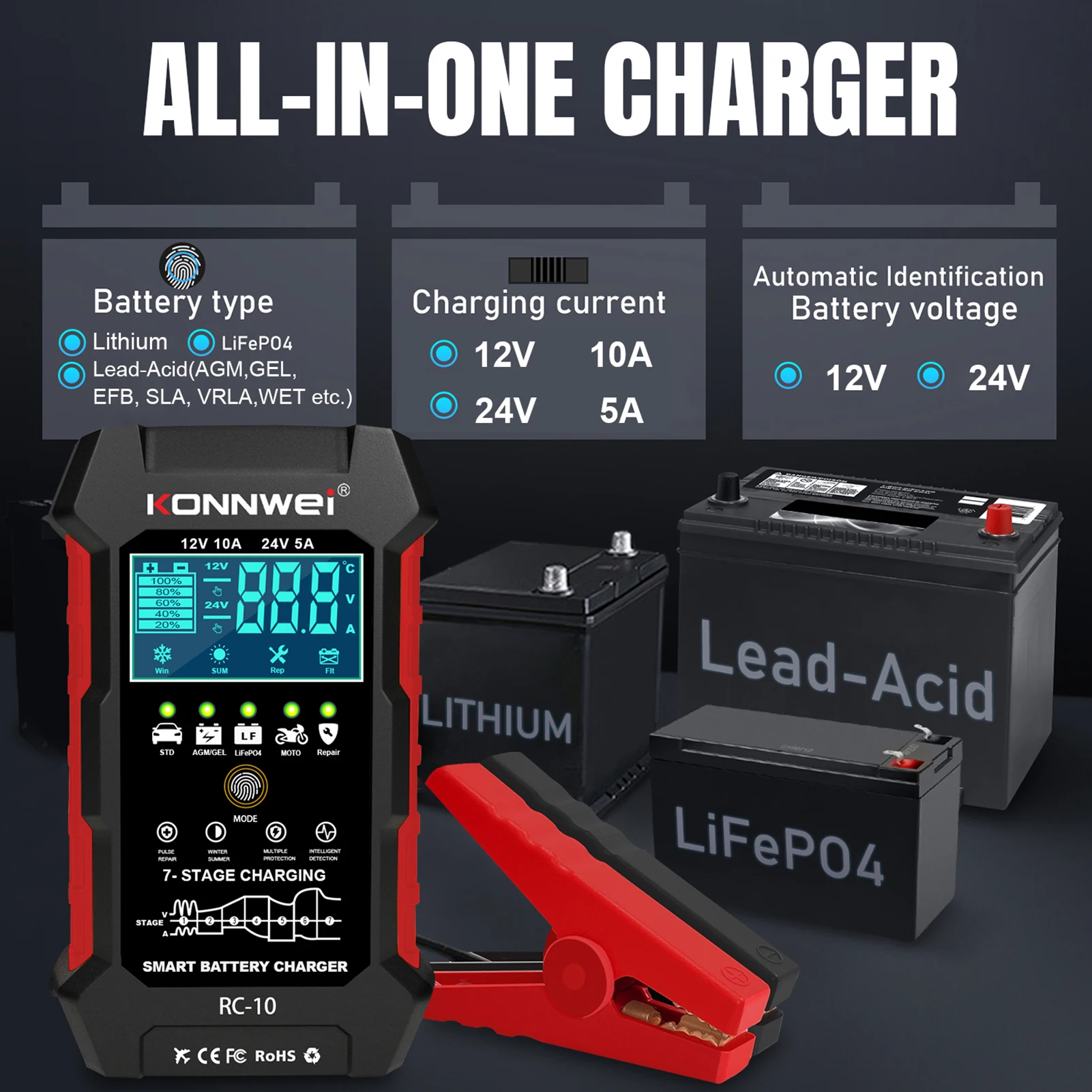 VEVOR Smart Battery Charger 35A Lithium LiFePO4 Lead-Acid Car