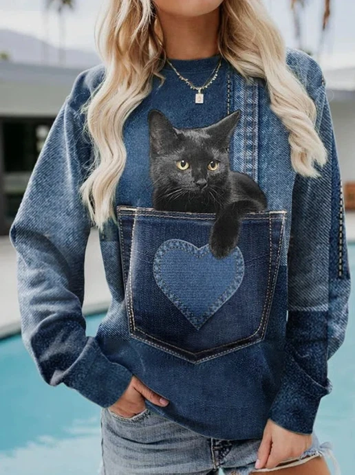 Animal Loose Imitation Denim Printed Long Sleeved Round Neck Hoodie, New Fashion Hot Selling New Temperament Pullover