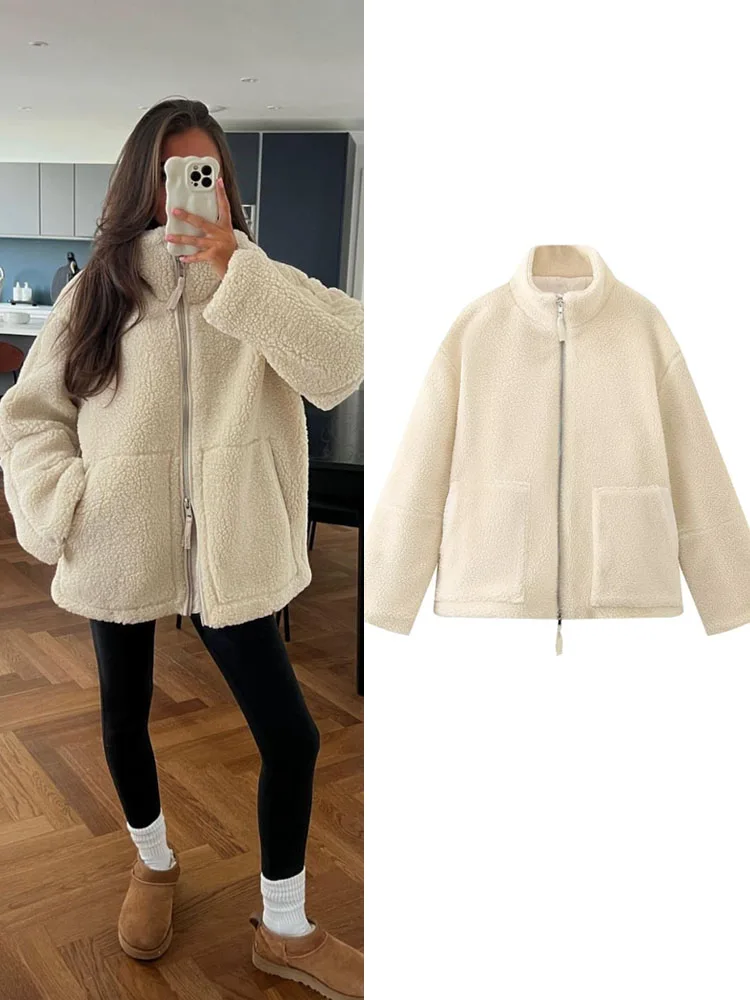 

TRAF teddy jacket women Wool blend coats Fleece jackets Demi-season jacket for women cashmere jacket new Wool coat outerwears