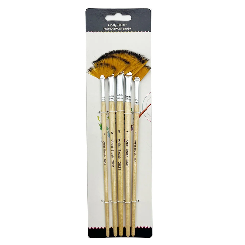 5pcs Artist Fan Paint Brushes Set- Soft Anti-Shedding Nylon Hair Wood Handle Paint Brush Set for Acrylic Watercolor Oil 6