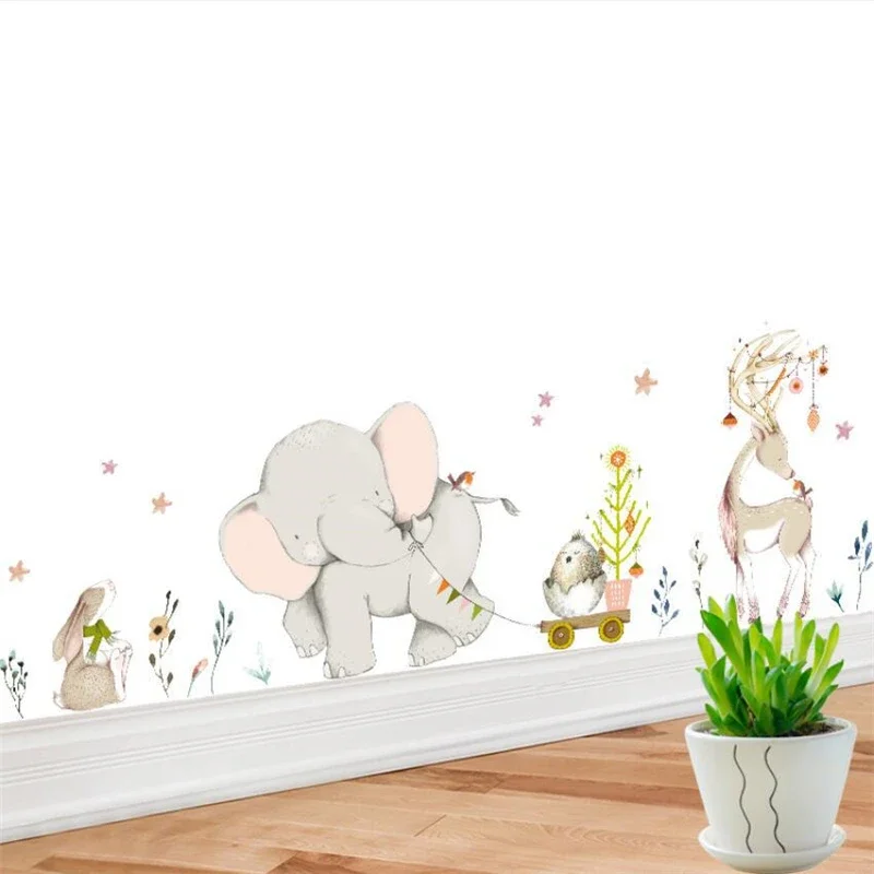 Happy Little Elephant Pulling Car Wall Decal Sika Deer Decoration Living Room Background Wall Cartoon Decal 30x90cm