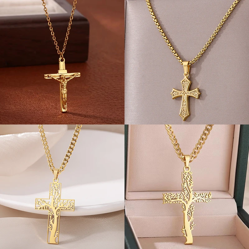 Stainless Steel Cross Necklace Gold Color Chain Pendant Necklaces