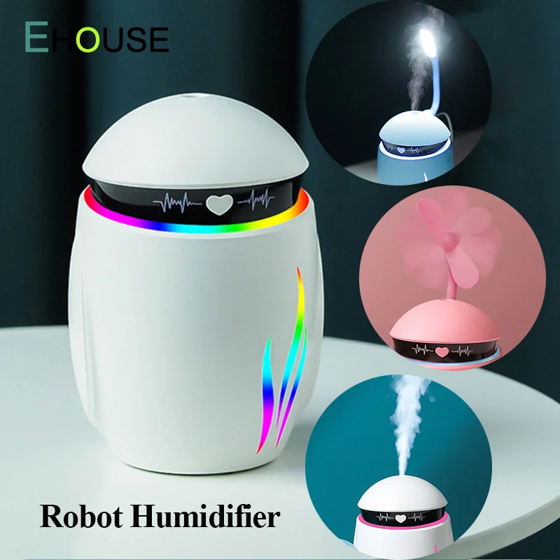 

Air Humidifier Portable USB Interface Fan Colorful LED Lamp Night Light Robot Air Purifier Moisturizing Aromatherapy Atomizing