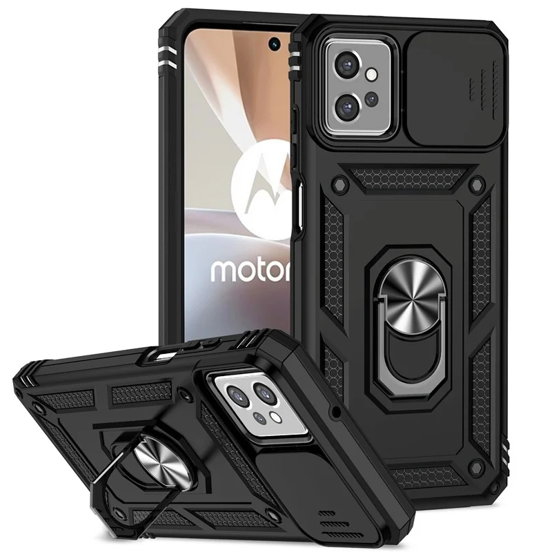 Durable Shockproof Case with Slide Lens Protector and Ring Stand Holder