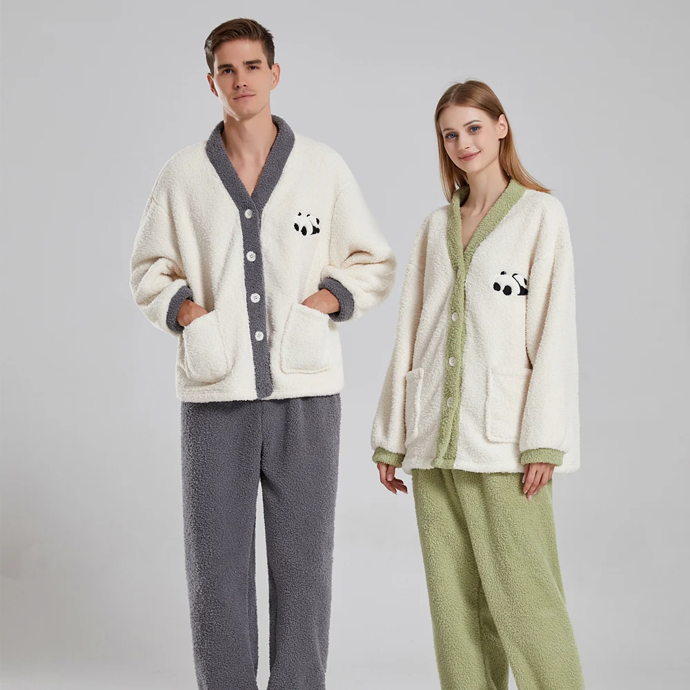 Winter Couple Sleepwear Men Warm Women Pajama Sets Coral Fleece Pijama Mujer Pyjama Pour Femme Cartoon Panda Nightwear Homewear
