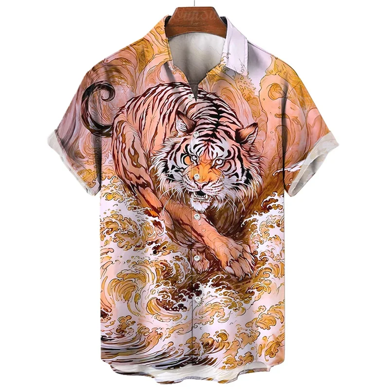 thumbnail image 1 of Camisa hawaiana con estampado de tigre en 3D para hombre, camisa informal de manga corta con estampado de bestia feroz, blusa holgada de calle, 1 of 4