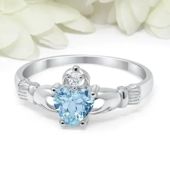 Love Heart Ring Birthstone Silver Plated Irish Claddagh Wedding Engagement Rings for Women finger ring,silver ring,wedding rings,sparkling heart ring,wedding ring