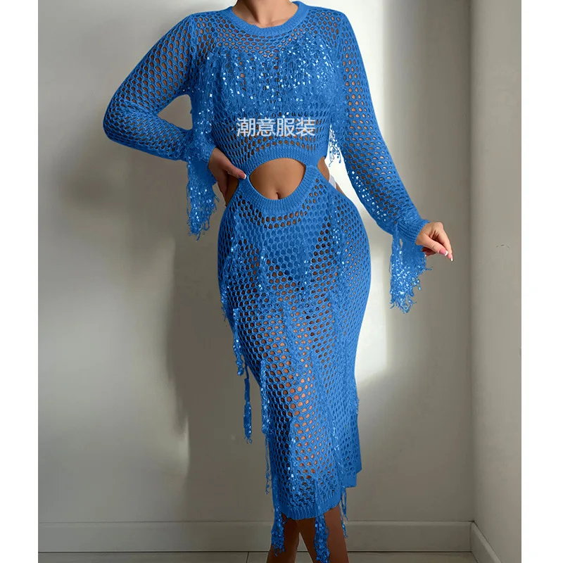 

Женское пляжное платье-туника с блестками и кисточками