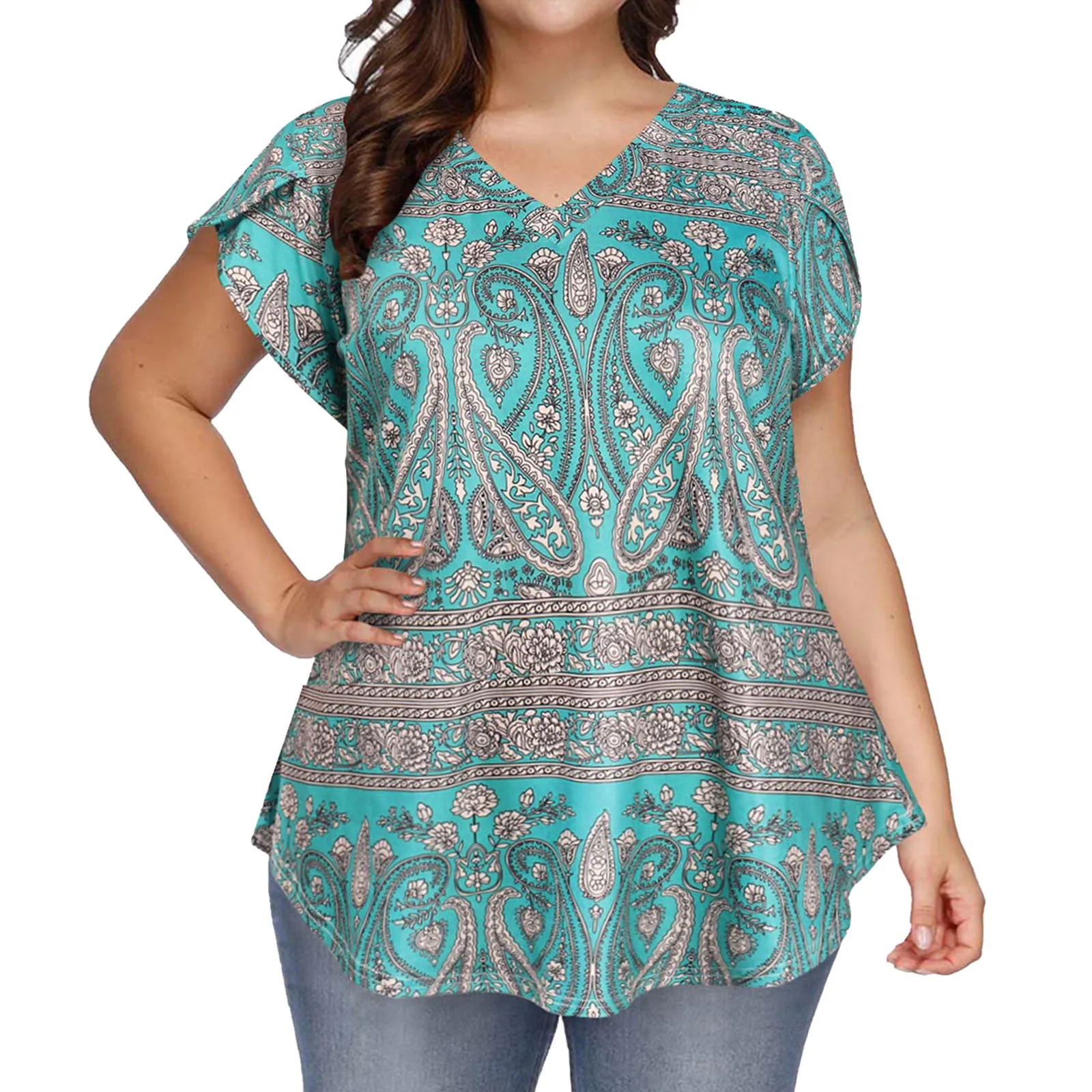 

4XL Plus Size Summer Women's Casual T-Shirt Floral Printing V Neck Short Sleeve Tees Ladies Loose Oversized Fashion Peplum Top
