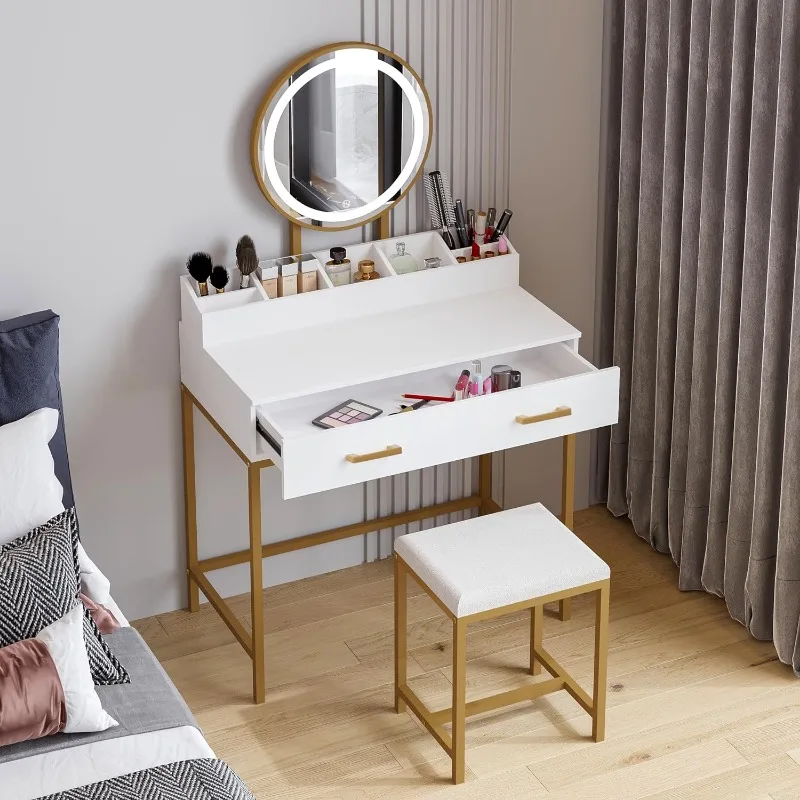 Makeup Vanity Desk with Mirror and Lights, Makeup Vanity Set with Drawers, White Makeup Vanity Table 2