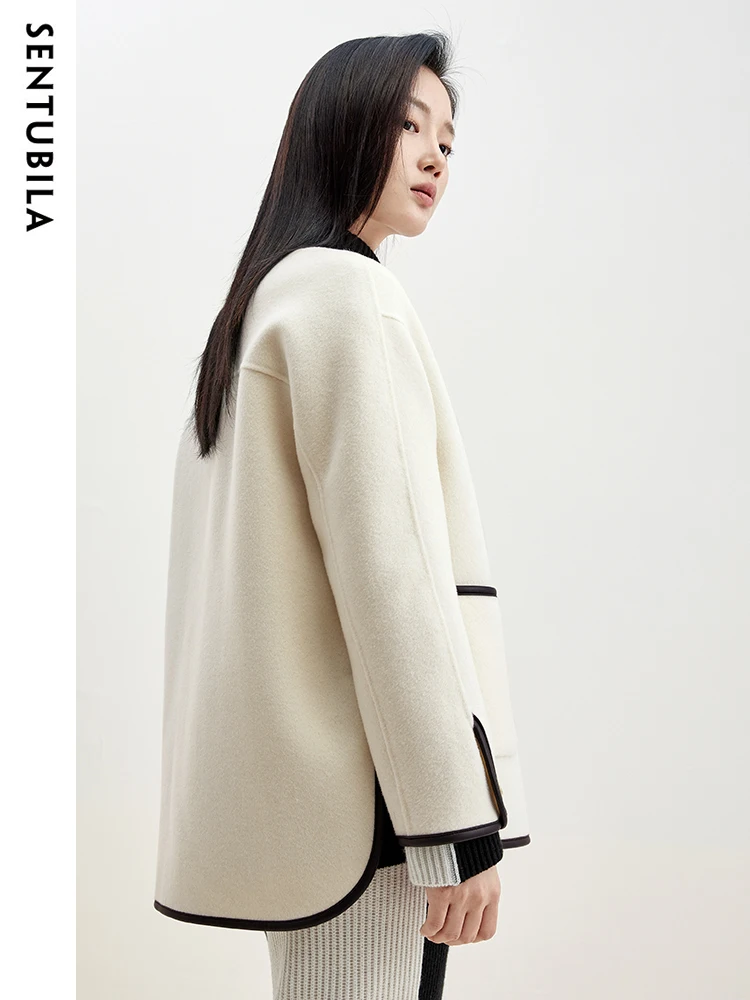 Sentubila 100% 울 짧은 양면 모직 코트 여성용, O-넥 크롭 따뜻한 측면 슬릿 모직 재킷, 가을 겨울 2023, W34O49942