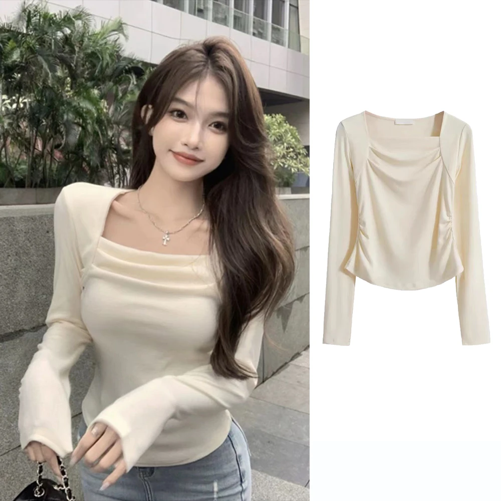 Apricot Pleat Waist Hugging Slim Square Collar Short Knit Women 2024 New Spring Inner wear Slim