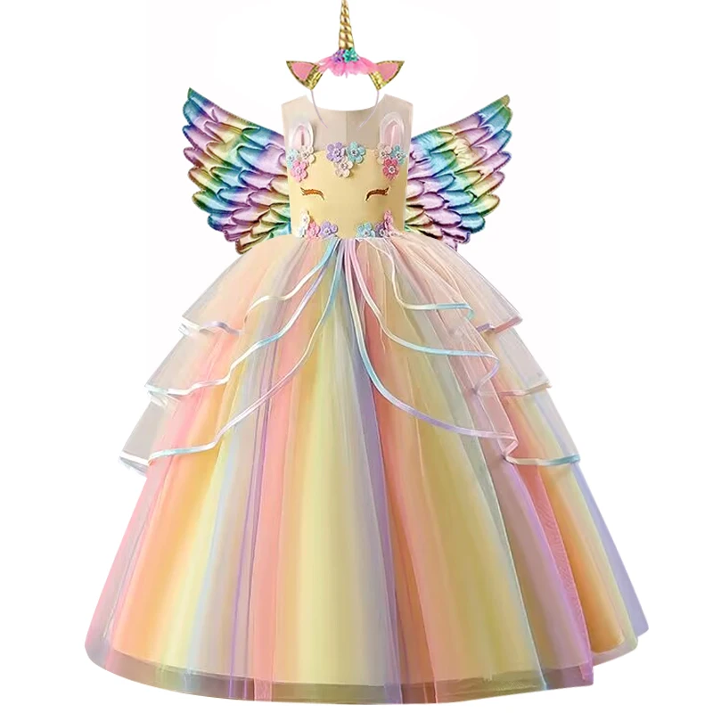 Girls Dress Children Birthday Party Unicorn Printed Lace Panel Role Dressing 3-12 Year Old Halloween