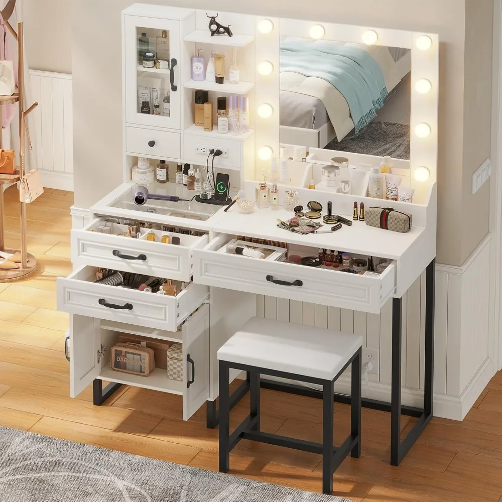 Makeup Vanity Desk with Mirror and Lights & Stool, Glass Top Vanity Table Set with Charging Station, 4 Stoarge Drawers & Double 3