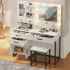 Makeup Vanity Desk with Mirror and Lights & Stool, Glass Top Vanity Table Set with Charging Station, 4 Stoarge Drawers & Double 3