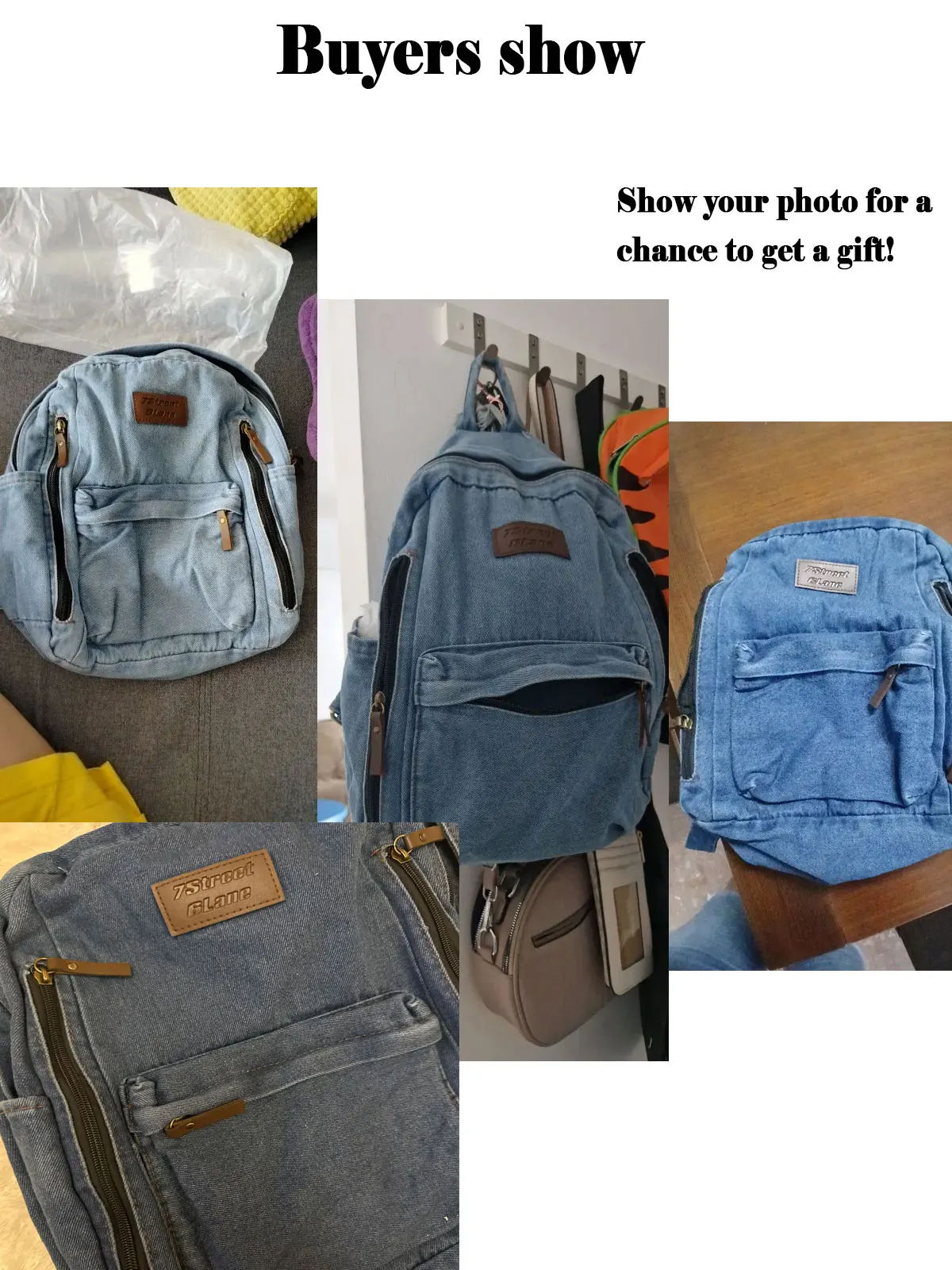 Denim school backpack view 1