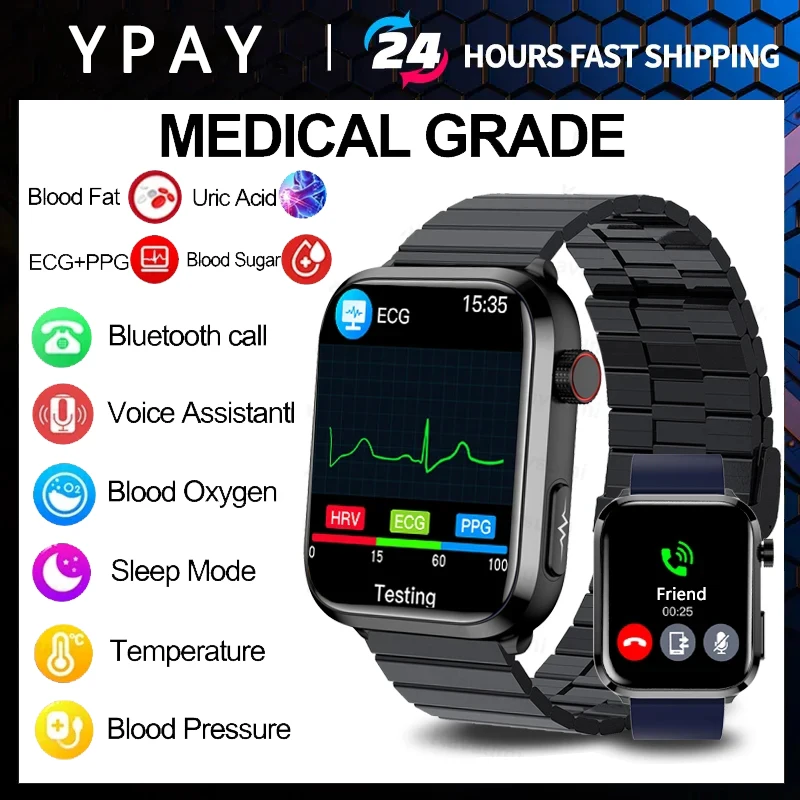 2024 Nuovo Ecg + Ppg Blood Glucose Smart Watch Blood Lipid Acido Urico Health Monitor Watch Temperatura Corporea Bluetooth Call Smartwatch