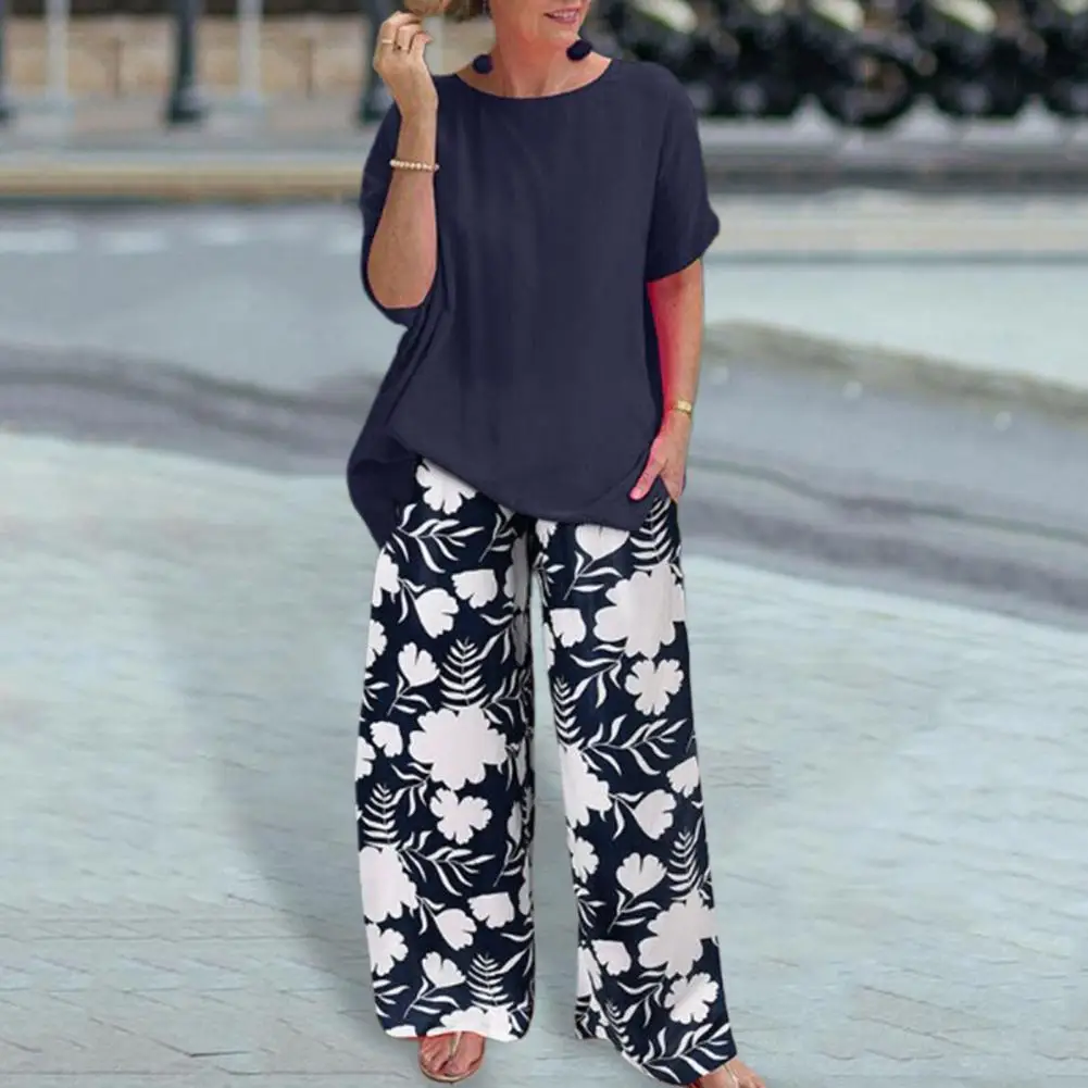 

T-shirt Pants Set Stylish Women's Two-piece Sets Round Neck T-shirt Wide Leg Pants Set Casual Blouse Flower Print for Summer