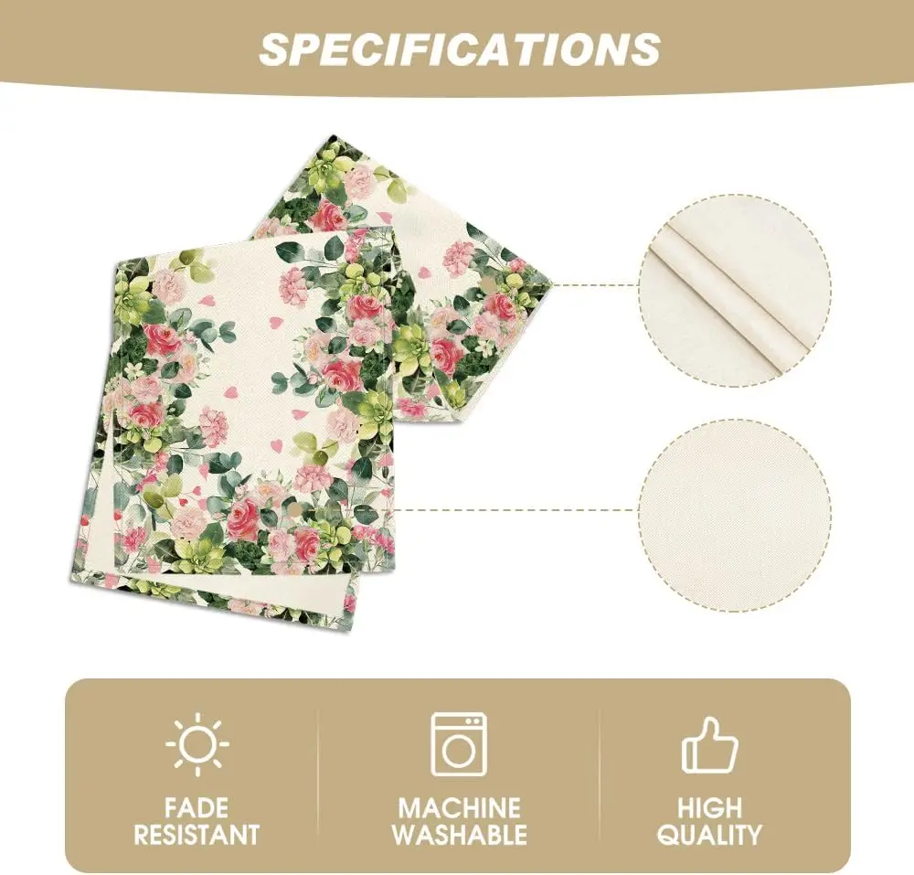 Spring Leaves Pink Flowers Linen Table Runner Holiday Party Decor Farmhouse Kitchen Dining Table Runner Mother's Day Decorations 5