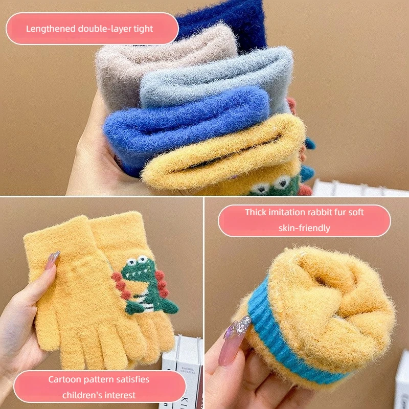 4-8 Year Old Winter Children's Thick Knitted Gloves Cartoon Dinosaur Warm Plush Children's Winter Finger Gloves warm gloves full finger gloves