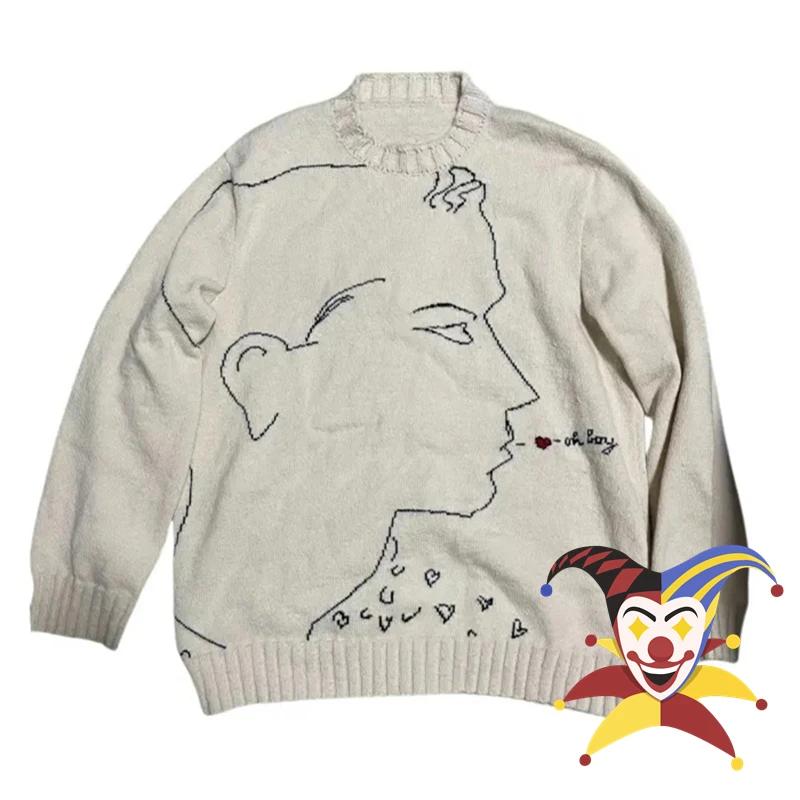 

RAF SIMONS Outline Line Beige Figure Round Neck Sweater Men Women Knit Casual Sweatshirts