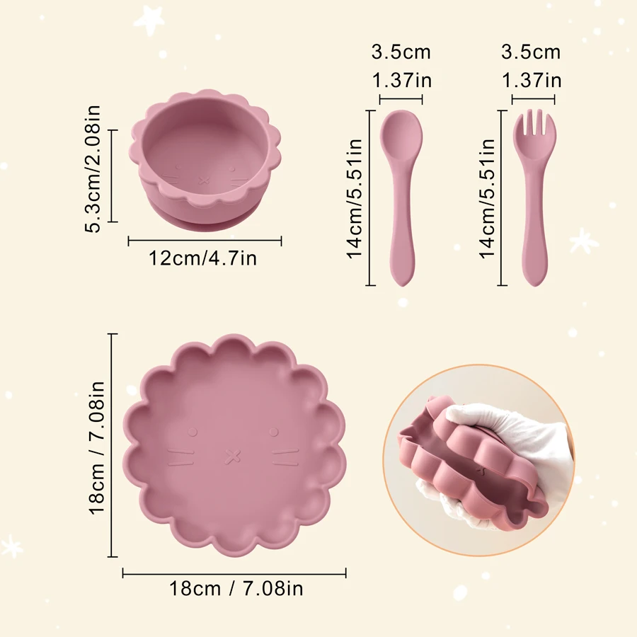 4PCS Silicone Baby Tableware Set Lion Shape Plate Bowl Soft Spoon Fork Feeding Trianing Baby Dining Plate Suction Baby Dishes 6