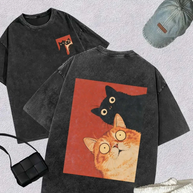 Kawaii Vintage Washed Black Cat Print T-Shirt im koreanischen Stil, lässige Streetwear, übergroßes Baumwoll-T-Shirt für Damen und Herren