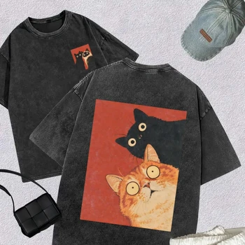 Kawaii Vintage Washed Black Cat Print T-Shirt Korean Style Casual Streetwear Oversized Cotton Tee for Women and Man