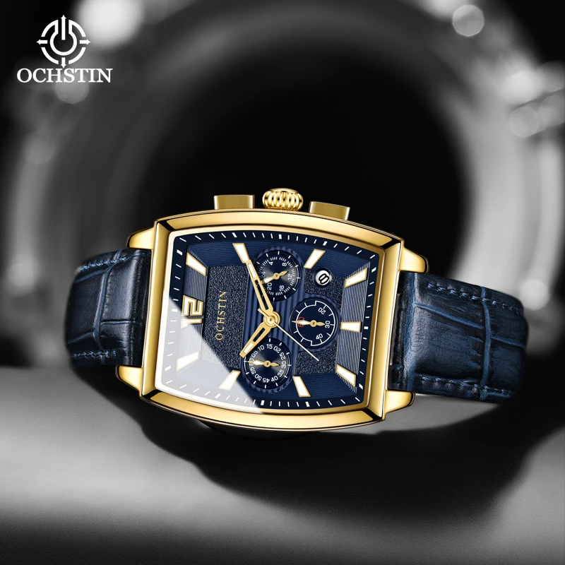 OCHSTIN Voyager Multi-functional Quartz Watch Rectangular Black Gold And Silver Case HD Luminous Mens Quartz Watch