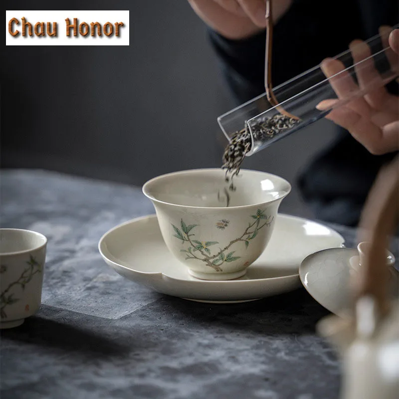 170ml Chinese Ru Kiln Porcelain Gaiwan Hand-painted Osmanthus Tea Tureen Tea Brewing Cover Bowl  Ice Cracked Glaze Teaware Gift