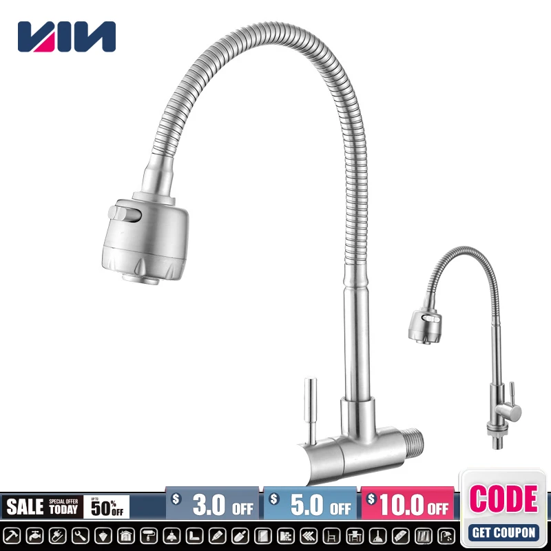 304 Stainless Steel Kitchen Faucet Wall/Deck Mounted Sink Tap Rotatable Cold Water Tap Flexible Pipe Bathroom Wash Basin Faucets