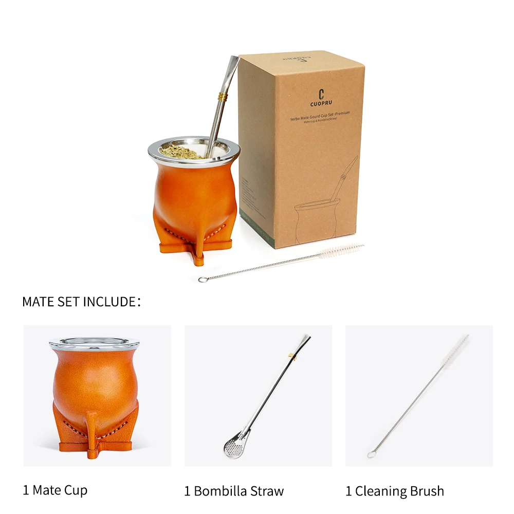 Handmade Argentina Yerba Mate Cup Includes Ceramic Liner Mate Gourd Bombilla Straw Cleaning Brush