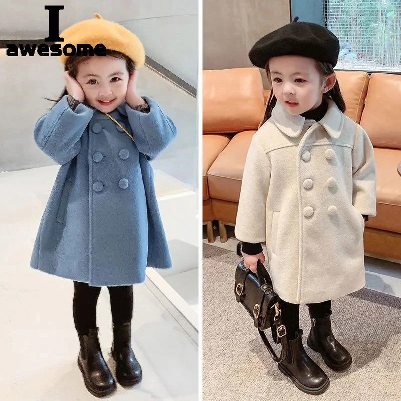 Double Breasted Girls Woolen Coats Autumn Winter Trench Jacket Coat 2-6Yrs Children Clothes For Kids Outerwear Birthday Present