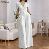 Women Playsuits ZANZEA 2025 Fashion Party Jumpsuits Short Sleeve V-Neck Casual Rompers Summer Solid Elegant Pockets Streetwear - Image 2