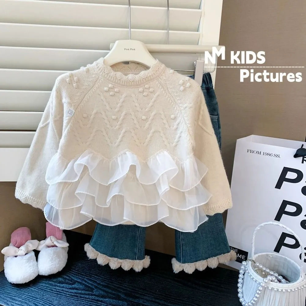 Baby Girls Winter Flower Sweater Clothes Autumn Clothing Children's Lace Panel Sweater Kids Sweaters