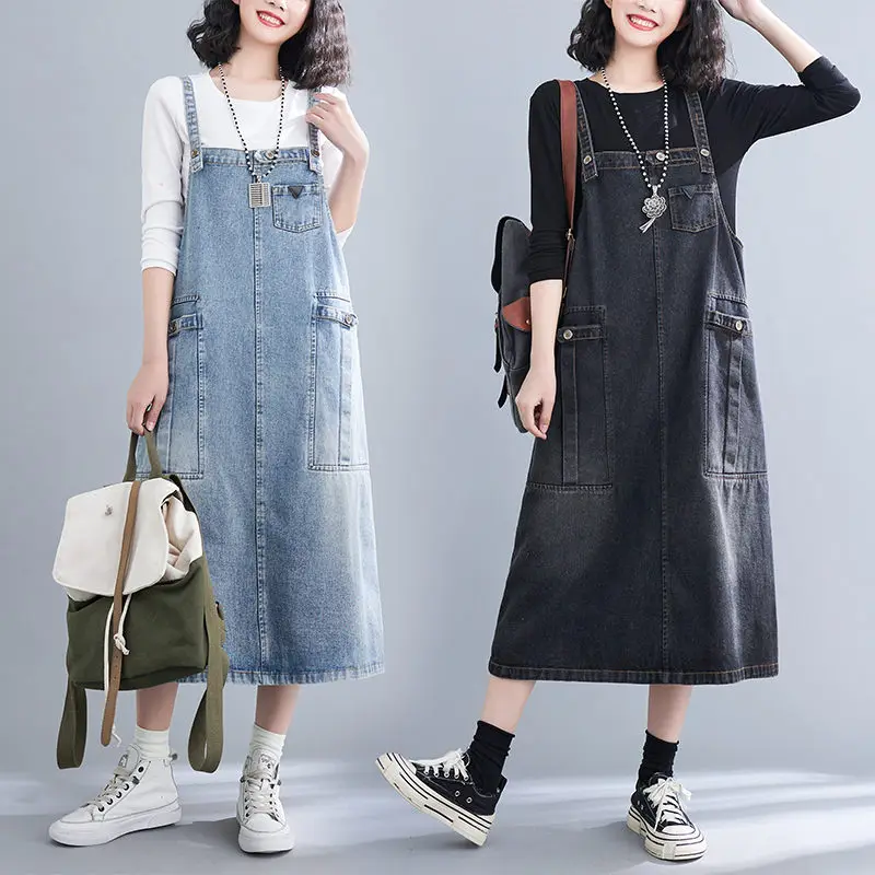 

Denim Suspender Dress Women's Spring And Autumn Mid-Length Loose A-Line Dress Retro High Waist Vintage Jeans Female Robe M2249