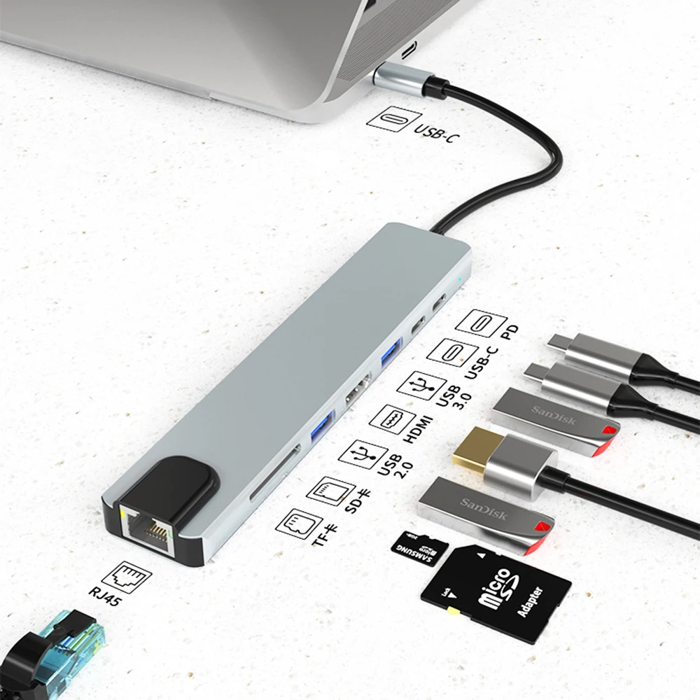 Usb c Hub tipo c Divisor para Hdmi4k Docking Station Portátil Adaptador com pd sd tf Rj45 Thunderbolt para Macbook ar Ipad m1 Pro