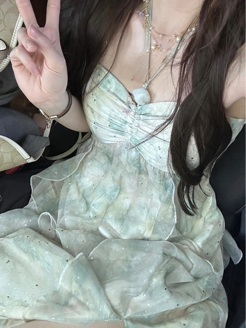 여성용 우아한 프렌치 시폰 미디 드레스, 해변 스타일, 섹시한 스트랩 드레스, 파티 캐주얼 원피스 드레스, 한국 패션, 2023 여름 추천