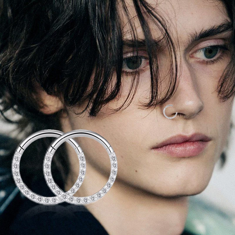 Piercing Jewelry Stainless Steel Hinged Segment Hoop CZ Stone Nose Ring Nipple Clicker Ear Cartilage Tragus Helix Lip Earring Piercing Jewelry