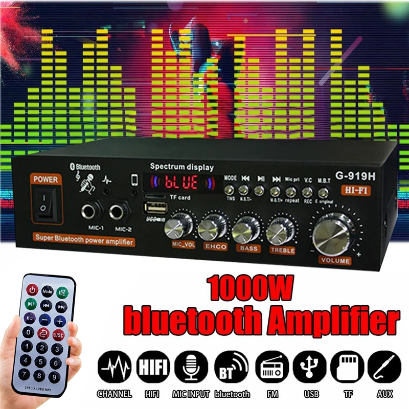 AK35/G919H Home Car Power Amplifiers 2 Channel Mini HiFi Bluetooth AMP Digital Stereo Amplifier FM USB Remote Control Max 1000 W