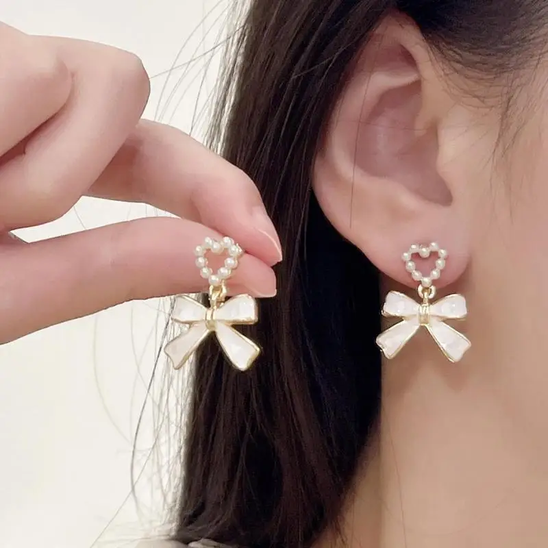 925 Silver Needle Korean Fashion White Bow Drop Earrings For