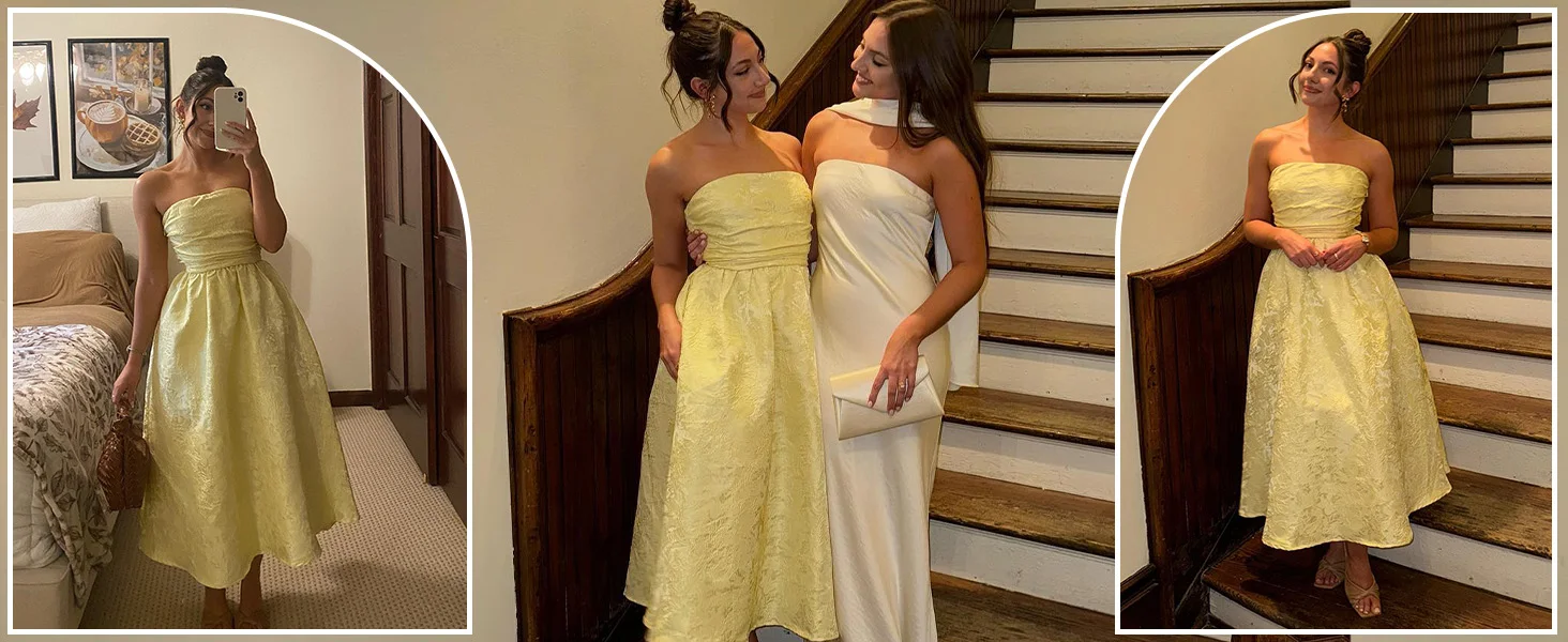 Floral Jacquard Satin Tea Length Prom Dresses for Women A Line Strapless Midi Corset
