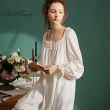 

Chellseey Women's Spring And Autumn Retro Palace Style Long-Sleeved Long Lace Sweet Pajamas Nightdress Cotton Loose Home Clothes