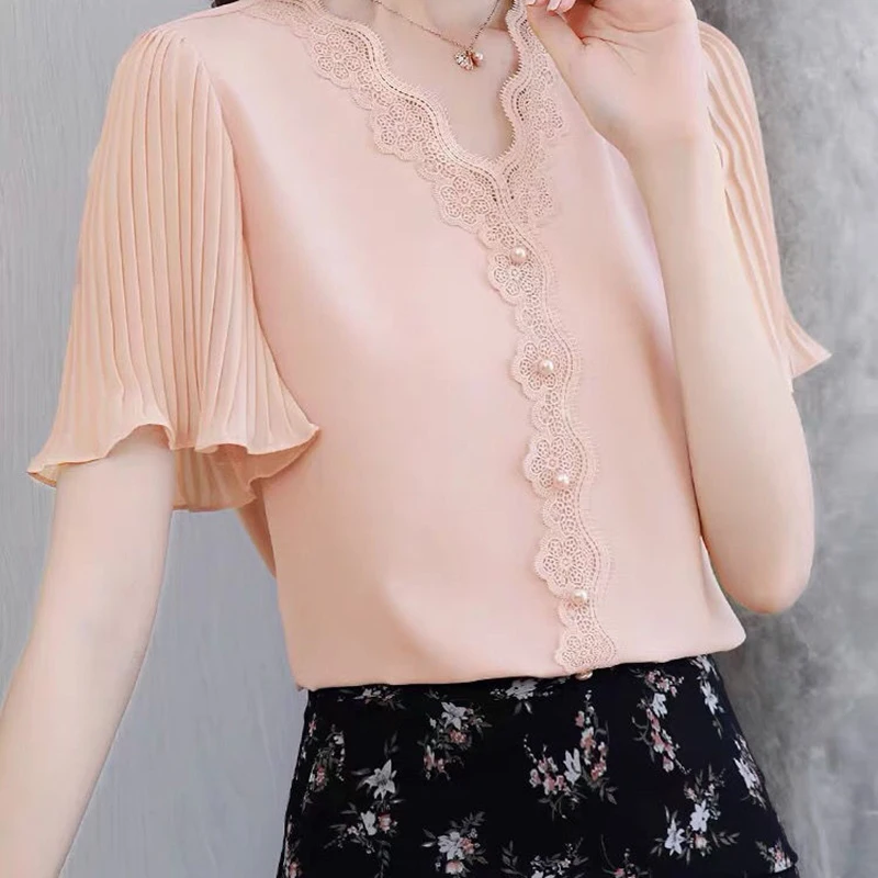 

Short Flare Sleeve Women V-Neck Chiffon Blouses Shirts Lady Lace Decor Spring Summer Style Casual Blusas Tops